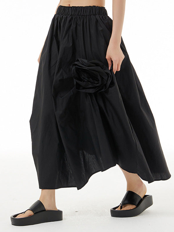 Asymmetric Elasticity Solid Color Three-Dimensional Flower Loose Skirts Bottoms