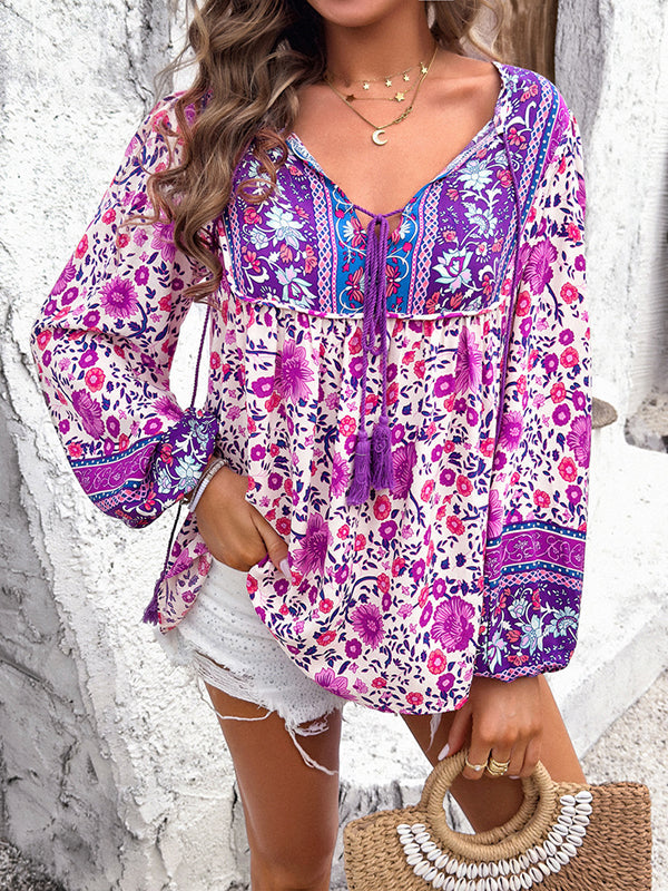 Contrast Color Elasticity Pleated Split-Joint Tied Long Sleeves Loose V-neck Blouses&shirts Tops