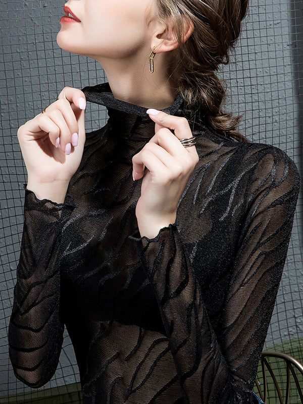 See-Through Solid Color Long Sleeves Plus Size High Neck T-Shirts Tops