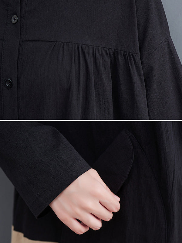 Original Loose Long Sleeves Buttoned Contrast Color Lapel Collar Midi Dresses