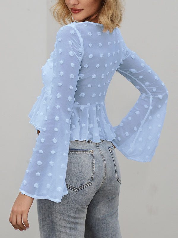 Flared Sleeves Contrast Color Drawstring Falbala Jacquard V-Neck Blouses&Shirts Tops