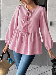 Elasticity Pleated Striped Tied Long Sleeves Loose Round-Neck Blouses&Shirts Tops