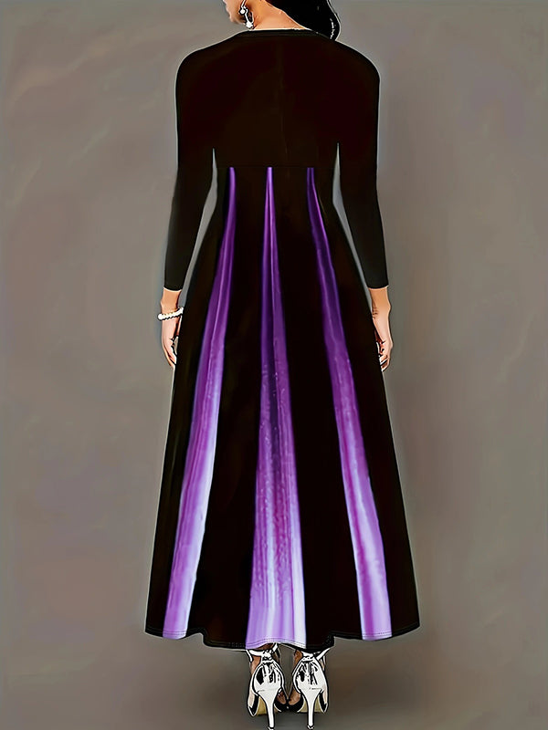 Gradient Pockets Printed Split-Joint A-Line High Waisted Round-Neck Maxi Dresses