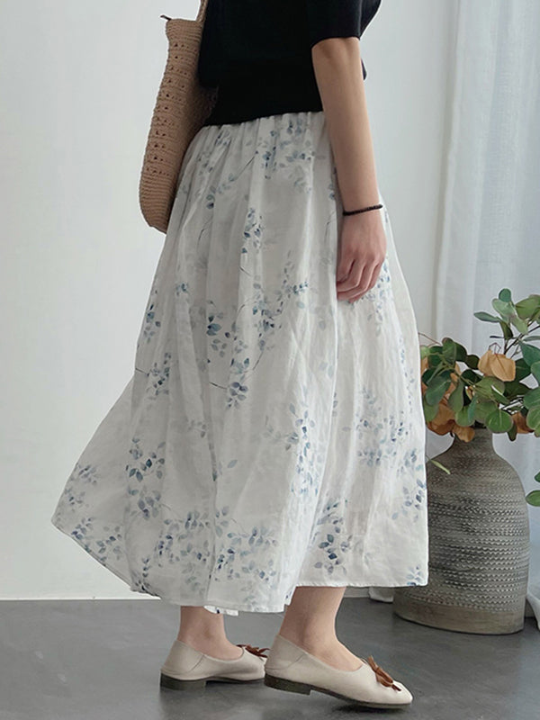 Drawstring Elasticity Floral Printed Loose Skirts