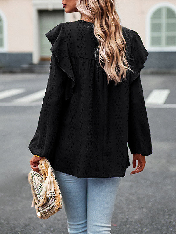 Hollow Jacquard Solid Color Split-Joint Loose Puff Sleeves Round-Neck T-Shirts