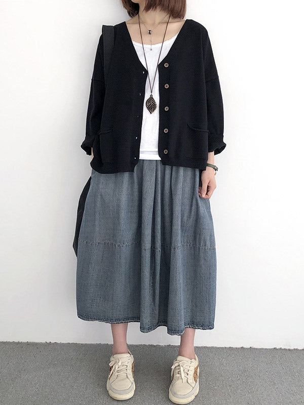 Artistic Retro Solid Color Buttoned V-Neck Long Sleeves Cardigan Top