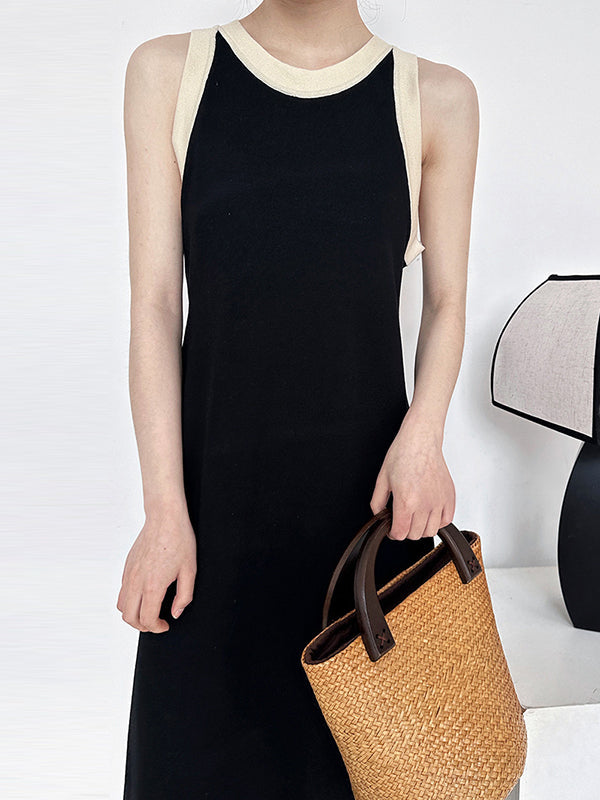 Contrast Color Loose Sleeveless Round-Neck Midi Dresses