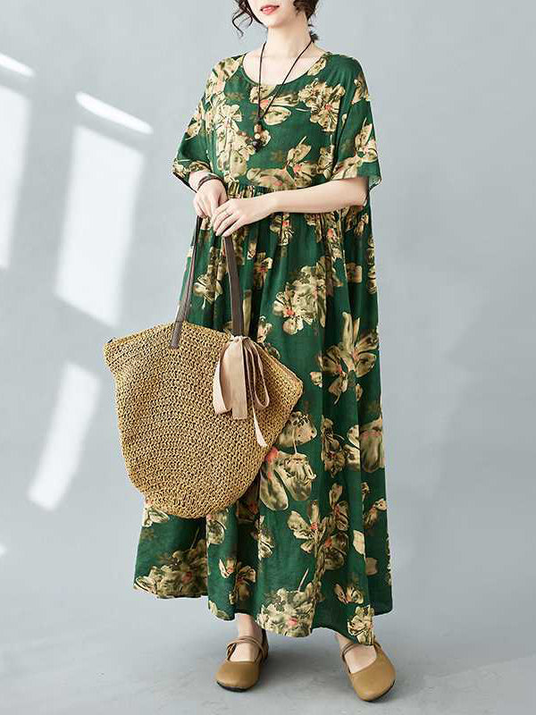 Flower Print Pleated Pockets Half Sleeves Loose Round-neck Midi Dresses