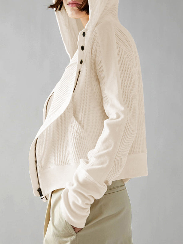 Zipper Long Sleeves Loose Hooded Outerwear Jackets