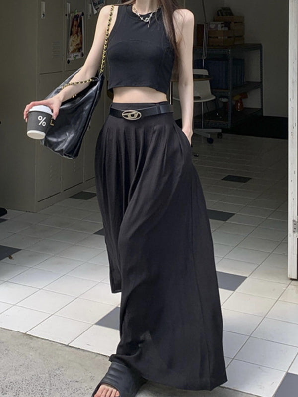 Belted Pleated Pockets Solid Color High Waisted Loose Skirts Bottoms