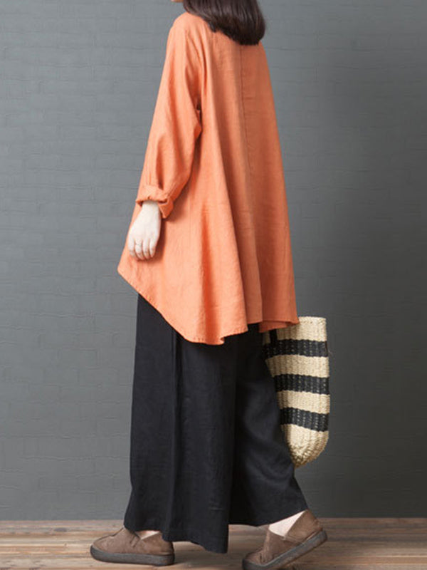 Linen Solid Color Round-Neck Puff Sleeve Blouse Tops