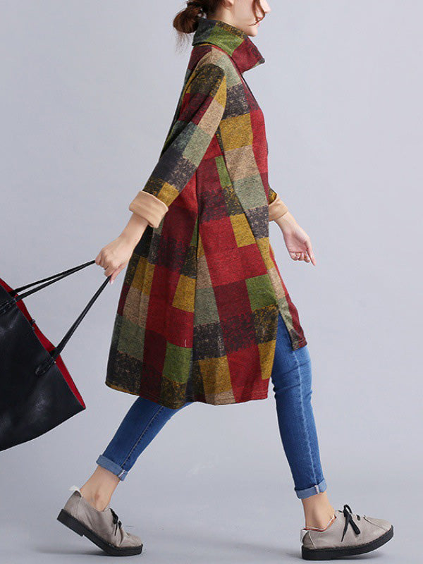 Artistic Retro Loose Long Sleeves Contrast Color Plaid Heaps Collar Midi Dresses