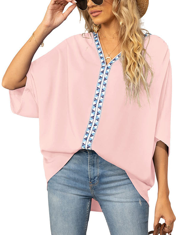Split-Joint Batwing Sleeves Loose V-neck Blouses&shirts Tops