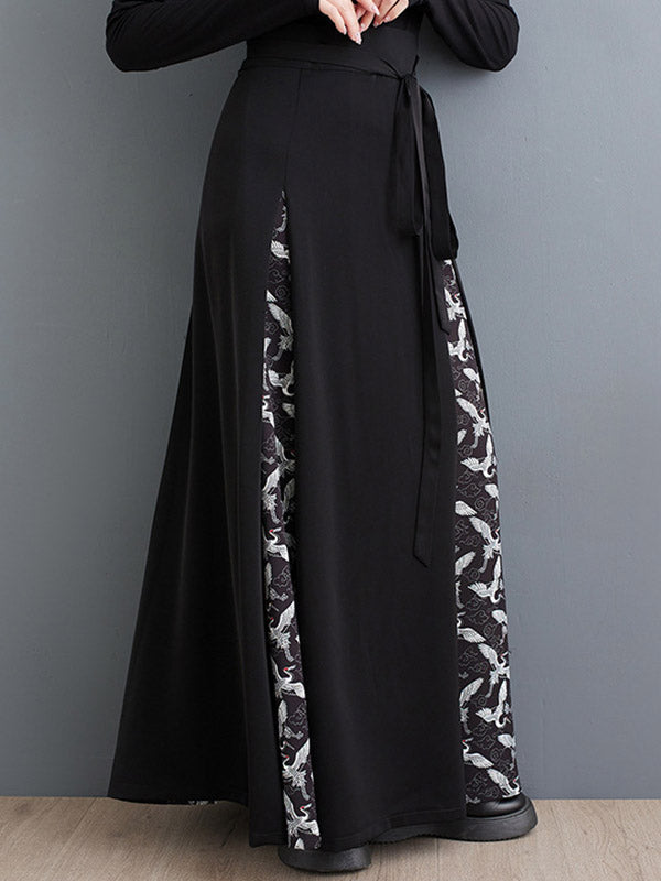 Pleated Printed Split-Joint Tied Waist A-Line High Waisted Skirts