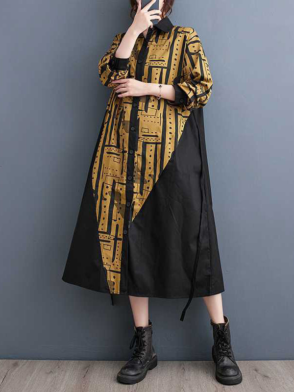 Asymmetric Contrast Color Printed Warp Knitting A-Line Long Sleeves Lapel Shirt Dress Midi Dresses
