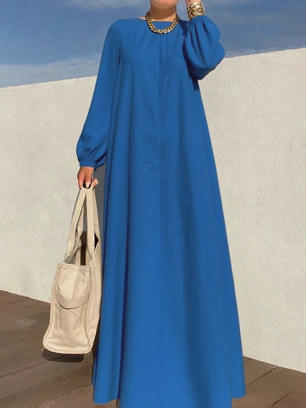 Pleated Solid Color Zipper Long Sleeves Loose Round-Neck Maxi Dresses