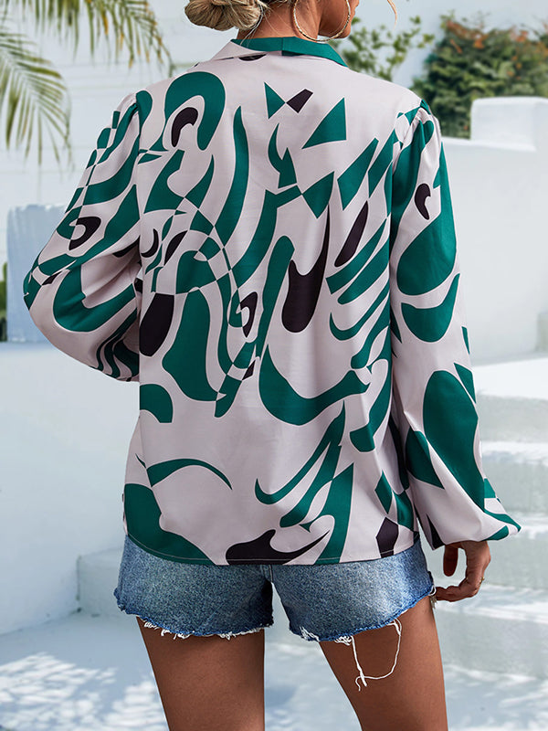 Elasticity Printed Tied Bishop Sleeve Long Sleeves V-Neck Blouses&Shirts Tops