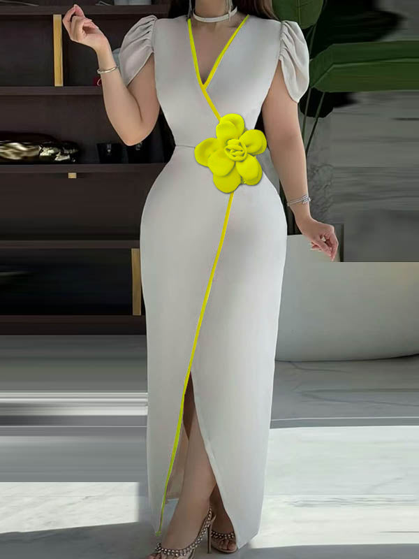 Pleated Solid Color Split-Front Three-Dimensional Flower Bodycon Short Sleeves V-Neck Maxi Dresses