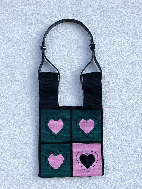 Color-Block Contrast Color Heart Print Woven Shoulder Bags Handbags