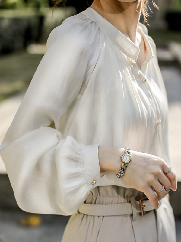 Buttoned Pleated Long Sleeves Loose Round-Neck Blouses&Shirts Tops