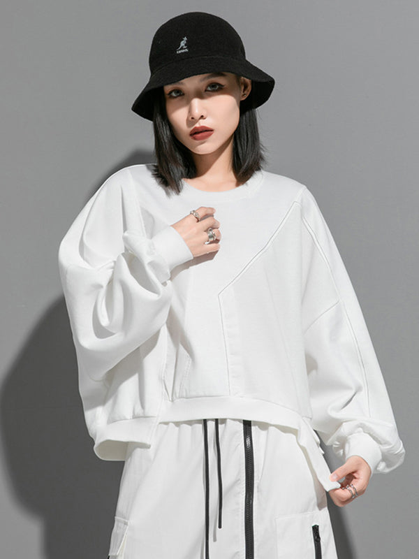 Batwing Sleeves Irregularity Solid Color Round-Neck Sweatshirt Tops