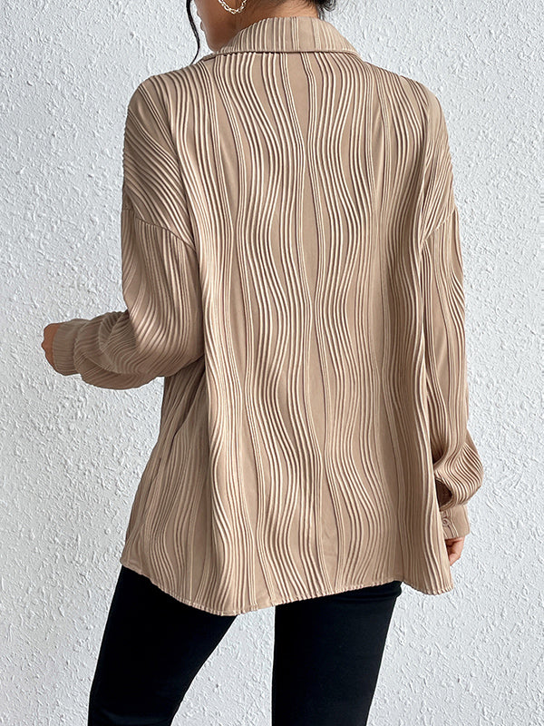 Buttoned Solid Color Long Sleeves Loose Lapel Blouses&Shirts Tops