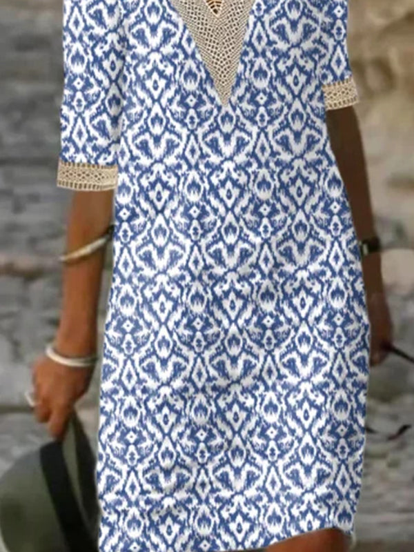Hollow Printed Split-Joint Loose Short Sleeves V-Neck Mini Dresses