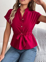 Drawstring Split-Joint Loose Short Sleeves Round-neck Blouses&shirts Tops