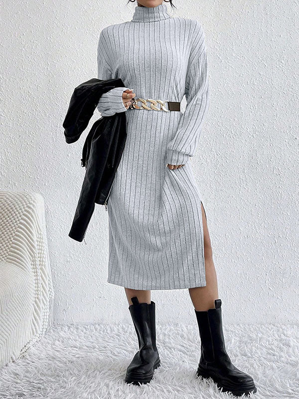 No Belt Solid Color Split-Side Long Sleeves Loose High Neck Midi Dresses