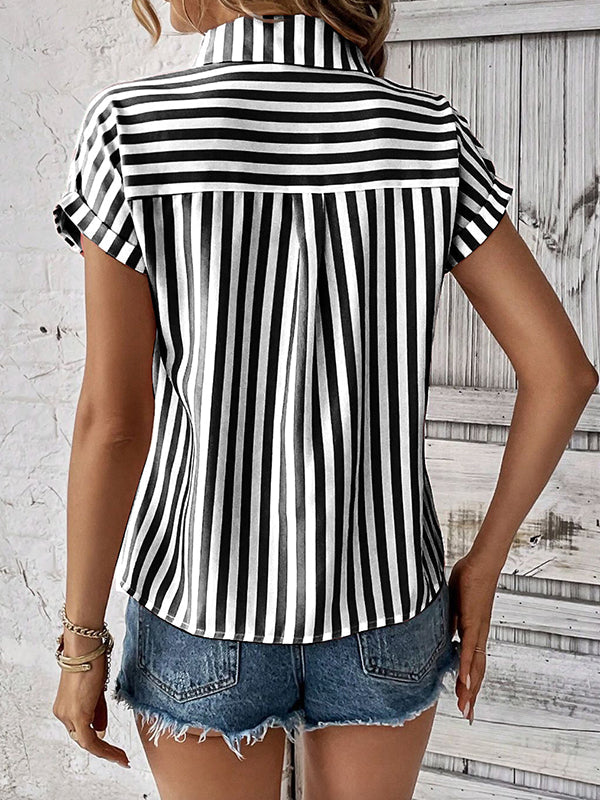 Contrast Color Split-Joint Striped Patterns Loose Short Sleeves Lapel Blouses&Shirts Tops