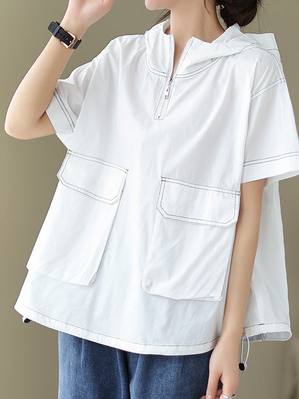 Zipper Loose Short Sleeves Hooded T-Shirts Tops