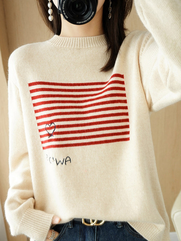 Casual Loose Long Sleeves Striped Round-Neck Sweater Tops