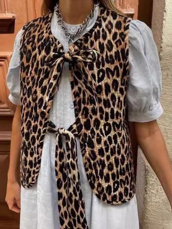 Lace-Up Leopard Split-Joint Loose Sleeveless V-neck Vest Outerwear