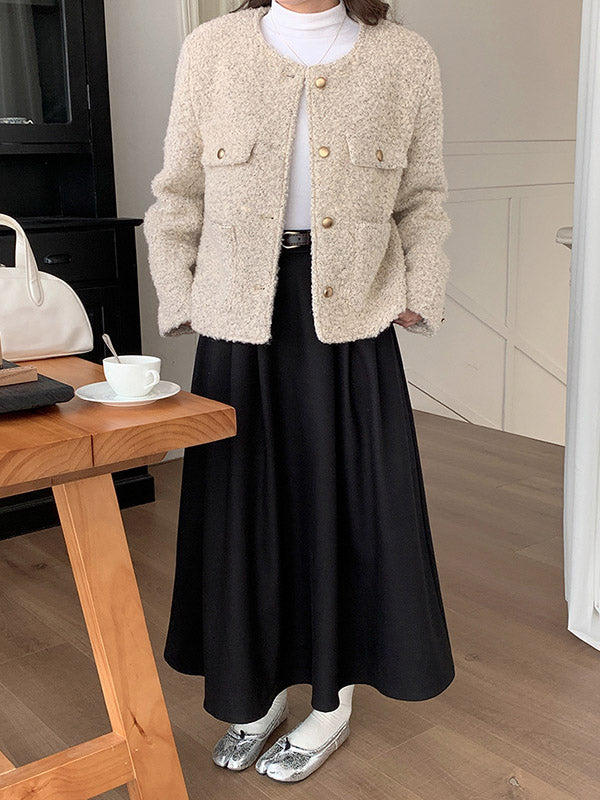 Pleated Solid Color Split-Joint A-Line High Waisted Skirts