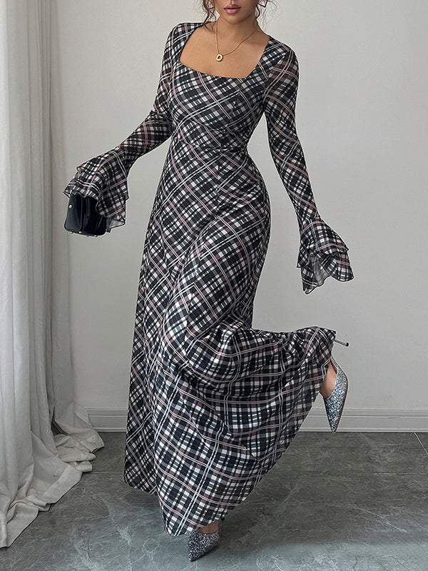 Contrast Color High-Waisted Plaid A-Line Flared Sleeves Square-Neck Maxi Dresses