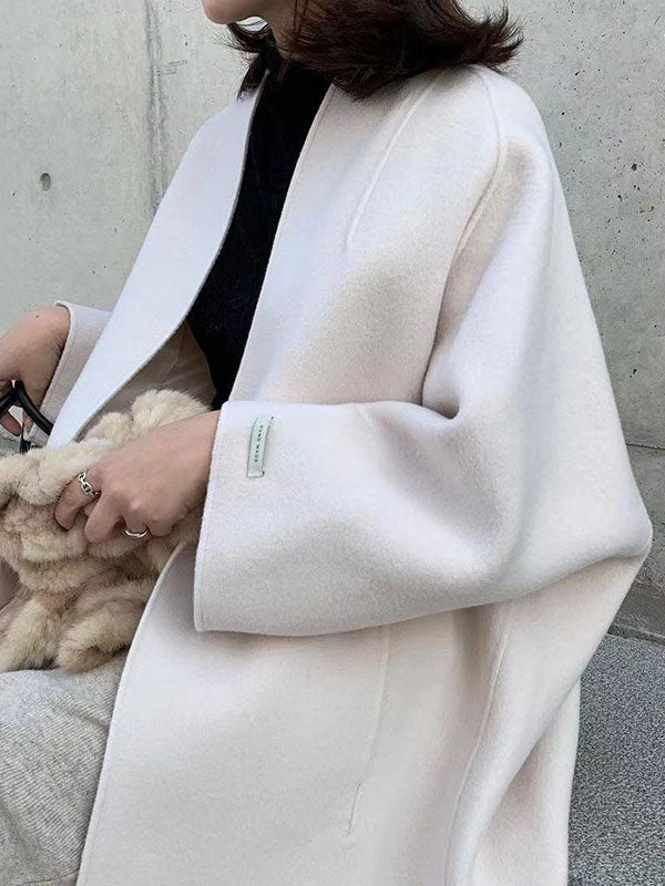 Solid Color Long Sleeves Loose Collarless Woolen Coat