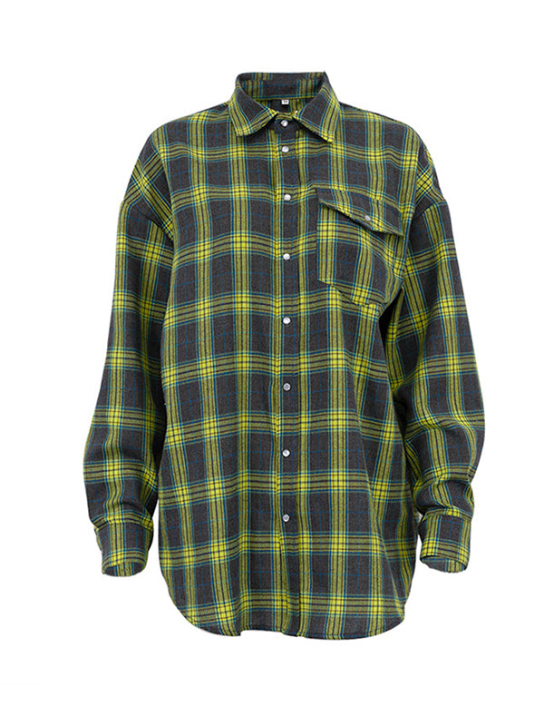 Buttoned Plaid Pockets Split-Joint Long Sleeves Loose Lapel Blouses&shirts Tops