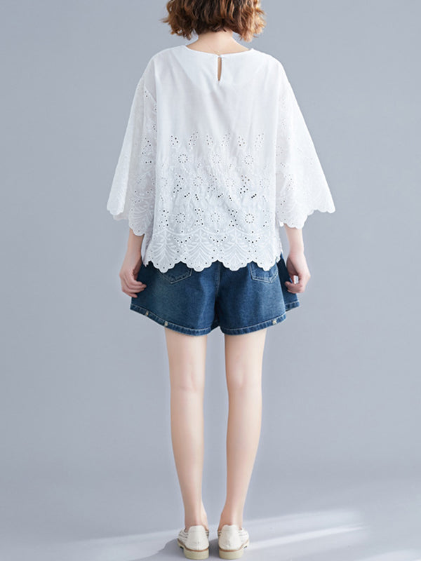 Hollow Print Loose Three-quarter Sleeves Round-neck Blouses&shirts Tops