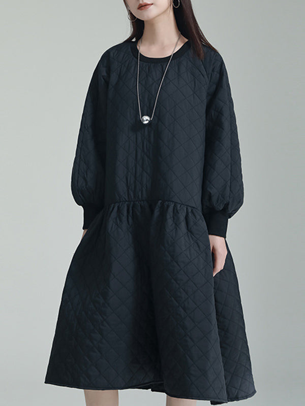 Pleated Quilted Split-Joint Long Sleeves Loose Round-Neck Midi Dresses