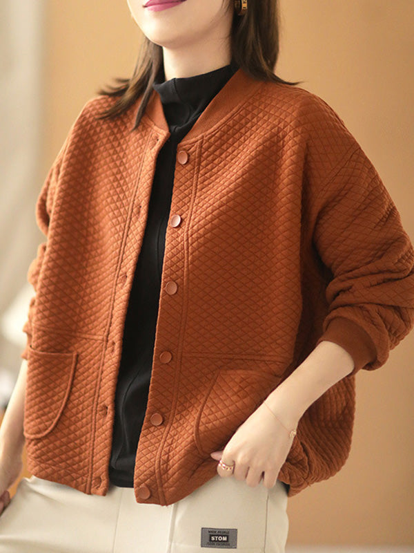 Artistic Retro Loose Long Sleeves Buttoned Solid Color Stand Collar Outerwear