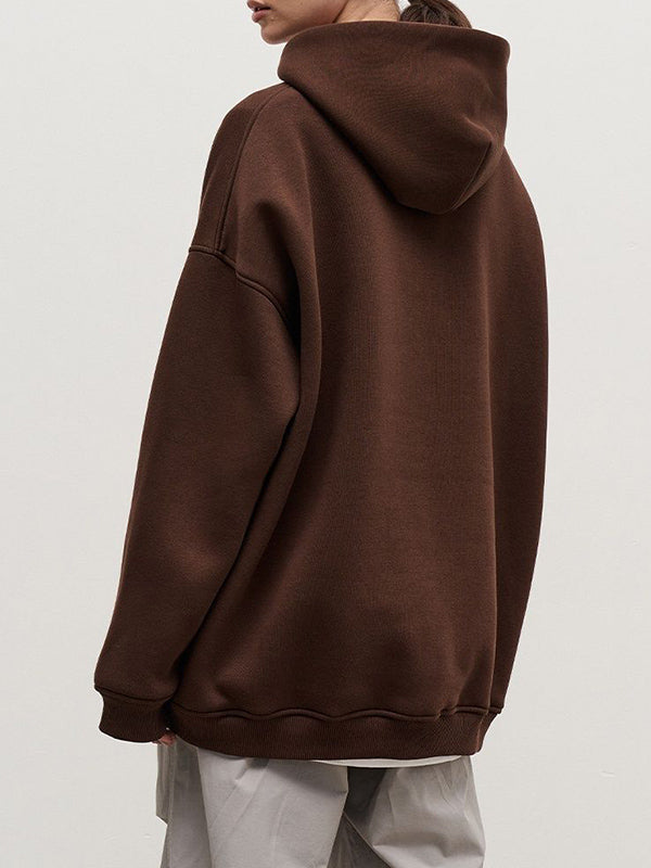 Pockets Solid Color Velvet Long Sleeves Loose Hooded Hoodies Tops