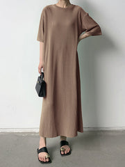 Pleated Solid Color Half Sleeves Loose Round-Neck Midi Dresses
