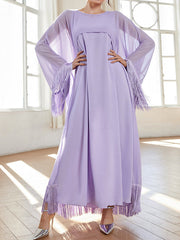 Gauze Solid Color Tasseled Zipper A-line High Waisted Round-neck Two Pieces Set Maxi Dresses