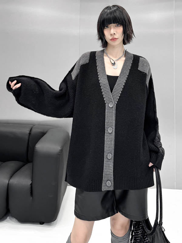 Buttoned Contrast Color Reversible Split-Joint Long Sleeves Loose Collarless Outerwear Cardigan Tops