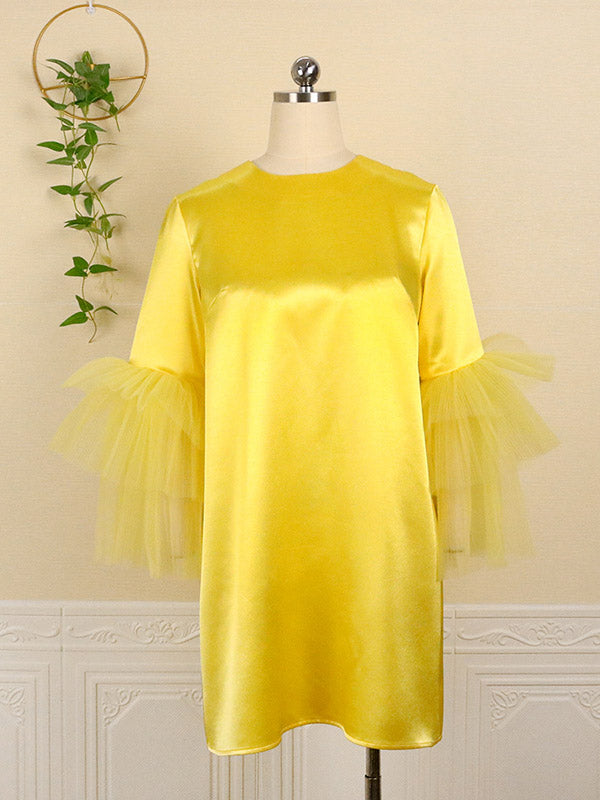 Shiny Solid Color Split-Joint Tulle Half Sleeves Loose Round-Neck Mini Dresses