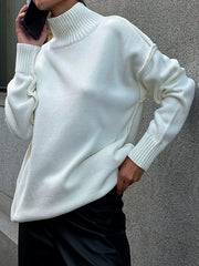 Solid Color Split-Joint Long Sleeves Loose High Neck Sweater Tops Pullovers
