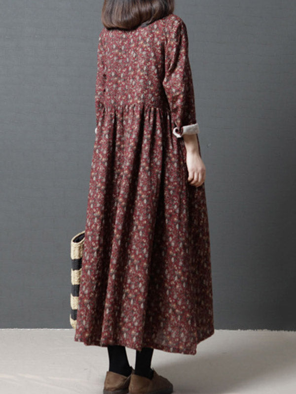 Vintage Floral Stand Collar Midi Dress