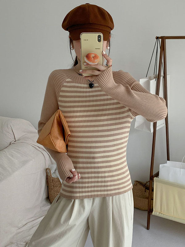 Contrast Color Striped Long Sleeves Skinny High Neck Sweater Tops Pullovers