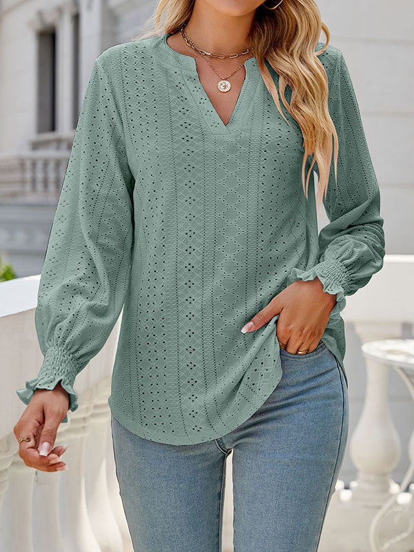 Elasticity Hollow Solid Color Long Sleeves Loose V-neck T-Shirts Tops