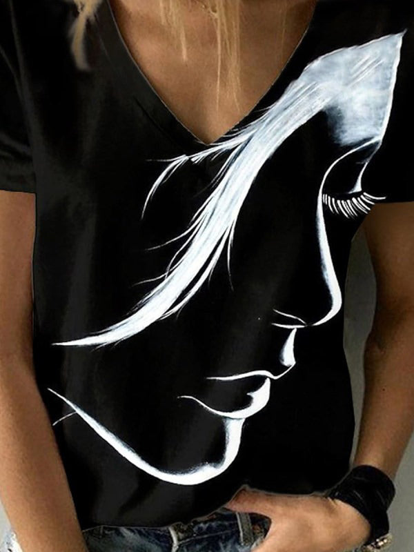 3 Colors Loose Simple Face Printed V-Neck T-Shirt